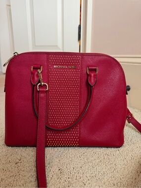Michael Kors Red Saffiano Studded Dome Satchel